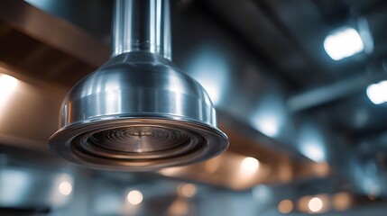 A clean modern stainless steel ventilation hood hangs in a commercial kitchen environment
