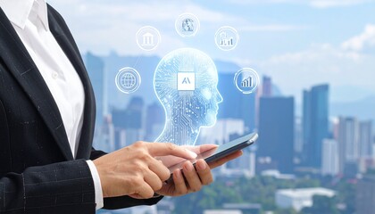 Businessman interacting with futuristic AI technology on smartphone in city