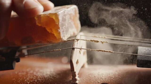 Close up of rosin being applied to violin strings creating a cloud of dust macro shot detailed texture on musical instrument bridge and strings with dramatic lighting and shallow depth of field