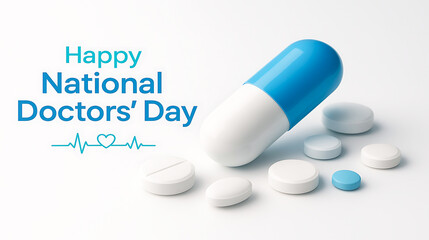 Happy national doctors day greeting with large capsule and pills