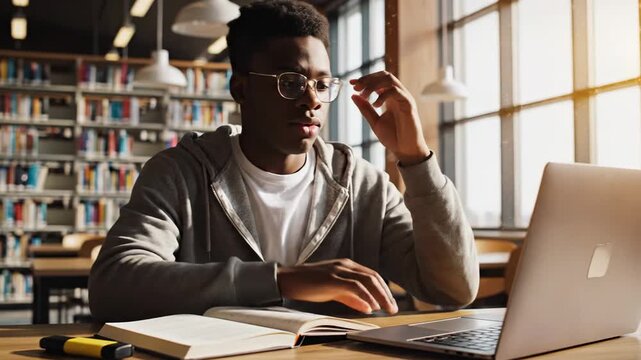Young Black Student Focused on Studying in Library with Laptop and Notebook