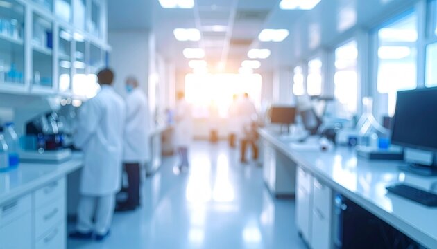 Blurred laboratory scene with scientists working on experiments and research projects. - Powered by Adobe