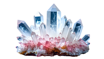 A close-up view of a cluster of transparent and translucent crystals with pink and white hues, set against a dark background