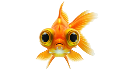A close-up front view of a goldfish with exaggerated large eyes isolated on black background