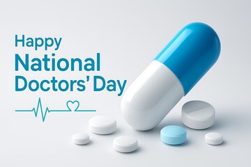 Happy national doctors day greeting with medicine capsule and heartbeat line
