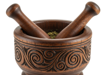 A hyper-detailed traditional wooden mortar and pestle with intricate carvings and herb residue on a white studio background. Concept of artisanal craftsmanship