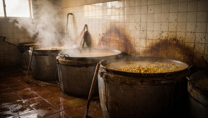 Medium shot inside a tiled room showcasing traditional nixtamalization vats with steaming corn emphasizing artisanal corn processing and cultural heritage.