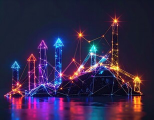 Abstract digital representation of soaring business growth using glowing neon arrows and network connections.