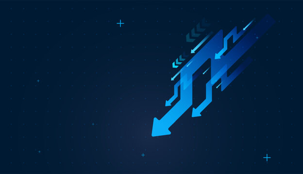 Dynamic, Futuristic blue arrows falling leftward depict bearish sentiment, shrinking investments, and financial instability. Downing Arrows Trend of Business