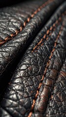 Obraz premium Extreme close-up of heavily textured, dark leather material with visible contrasting stitching.