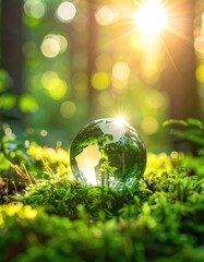 A glass globe symbolizing Earth rests on vibrant green moss bathed in bright sunlight within a lush forest.