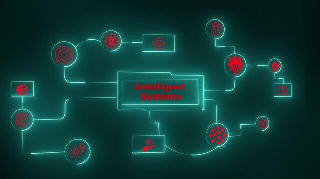 A futuristic neon intelligent-systems concept showing adaptive automation, connected analytics, smart decision flows, and digital system architecture.
