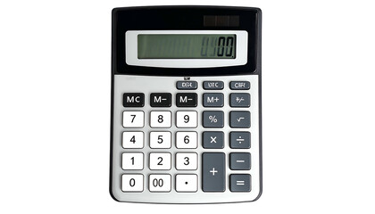 A fully lit, centered, close-up photograph of a common, black, and silver electronic calculator, resting on a black background