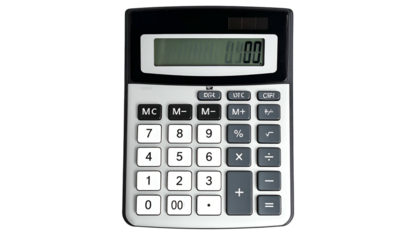 A fully lit, centered, close-up photograph of a common, black, and silver electronic calculator, resting on a black background