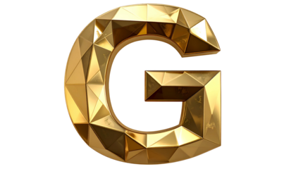 A golden, faceted letter "G" against a stark black background. The luxurious design features many reflective surfaces