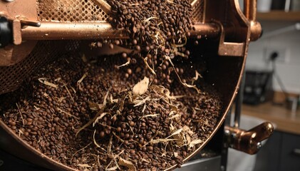 Close medium view of sample roast process in coffee drum roaster highlighting precise bean movement and moderate chaff emission for quality testing stage.