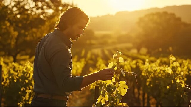 Man Inspecting Vineyard Grapes During Golden Hour Sunset With Warm Sunlight Illuminating Rows of Green Vines and Distant Hills