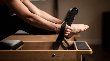Close-up of a woman's hands and feet using a reformer machine for a Pilates workout in a gym with dramatic side lighting.