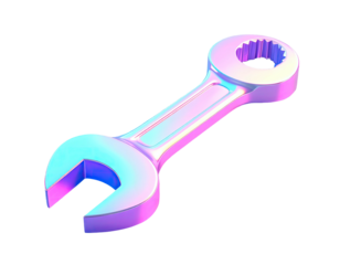 Gleaming, colorful metal wrench floating on black backdrop, 3D render