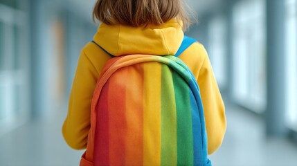 A child in a bright yellow jacket walks down a luminous school hallway, carrying a colourful rainbow-striped backpack, ready for a new day of learning