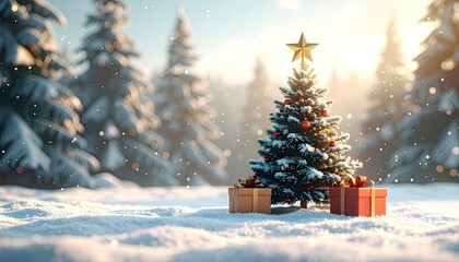 A decorated Christmas tree stands in a snowy forest clearing during golden hour.