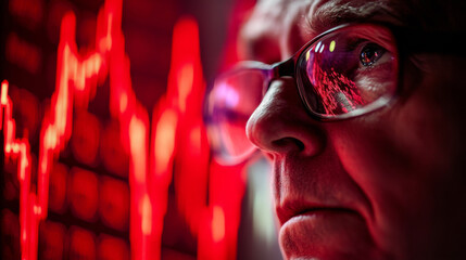 Senior professional against red financial graph backdrop.