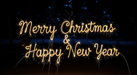 Sparkling golden text wishes Merry Christmas and Happy New Year against a dark background with bokeh lights.