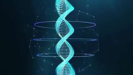 Abstract glowing DNA helix rotating with futuristic network connections on dark background - Powered by Adobe