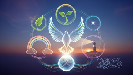 Obraz premium A radiant white dove surrounded by eco friendly symbols and a glowing orb against a serene sunset background with a lighthouse and rainbow