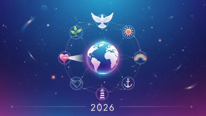 Obraz premium A glowing blue and purple globe surrounded by symbolic icons of peace, love, and harmony in space, representing global unity