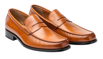 A pair of polished, leather penny loafers in a warm tan color. They feature a classic design with a black sole