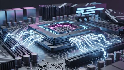 Closeup view of a powerful central processing unit CPU on a futuristic motherboard illuminated by vibrant neon blue and pink lights symbolizing advanced data processing artificial intelligence and hi. - Powered by Adobe