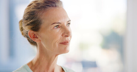 Home, thinking and woman with ideas, wonder an contemplation with reflection, ponder and relax....