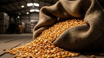 A close-up shot of a burlap sack overflowing with golden corn kernels, highlighting the agricultural bounty of harvest and a staple crop for sustenance