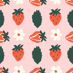 cute hand drawn seamless vector pattern illustration with strawberries, leaves and daisy flowers on pink background