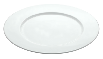 A pristine white, round ceramic dish, seen from a high-angle perspective, has a slightly elevated rim. Isolated on a dark background