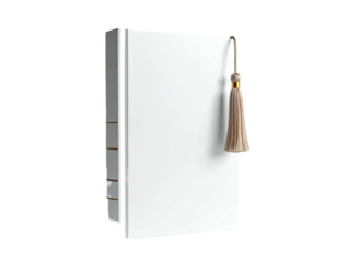 A white book with a tasseled bookmark against a dark background