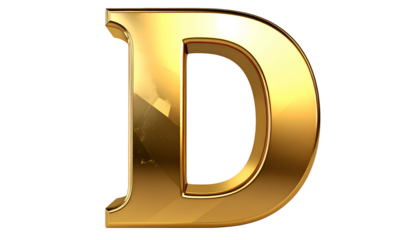 A rendered, golden capital letter "D" on a transparent background, showcasing a glossy metallic effect with shadows. The design is bold