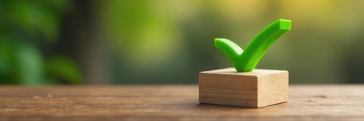 Green checkmark on wooden cube, eco-friendly choice, approval, wooden