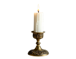 Lit white candle in an ornate bronze holder, black background