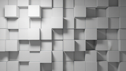 3D with White and Gray Geometric Cubes Forming a Wall Pattern with Shadows and Depth