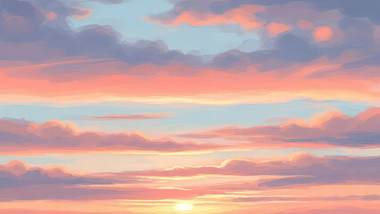 Obraz premium Dreamy Pastel Sunset Sky with Soft Pink and Purple Clouds, Glowing Horizon, and Watercolor Style Textures