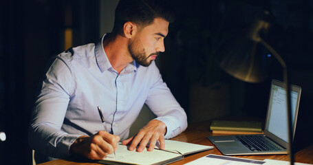 Notebook, laptop and businessman in office at night with research for finance report with budget....