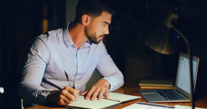 Notebook, laptop and businessman in office at night with research for finance report with budget. Writing, corporate career and male financial manager working on investment proposal with deadline. - Powered by Adobe