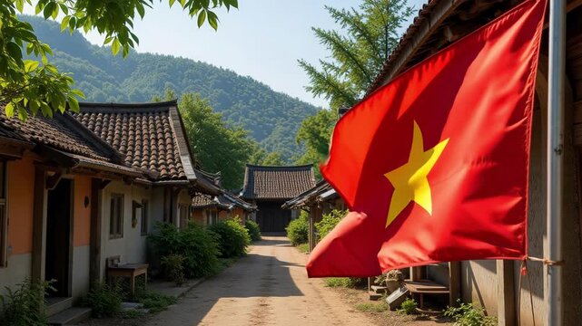 Vietnam flag waves gently in a quiet village corner