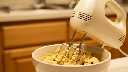 White Handheld Electric Mixer Blending Chocolate Chip Cookie Dough in a Bowl