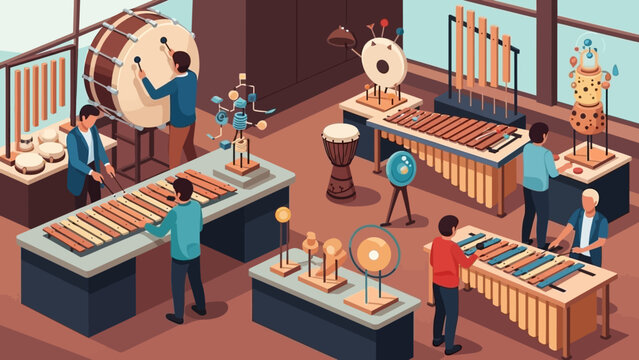 Vibrant musical instrument store showcasing diverse percussion and string instruments with