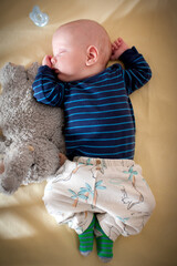 Cute infant sleeps peacefully on a yellow blanket, wearing striped shirt and patterned pants. The little one rests next to a gray stuffed animal and a pacifier.