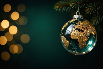 Sparkling christmas earth map globe ornament hanging on a dark green fir branch, global holiday season message, perfect for corporate greeting cards