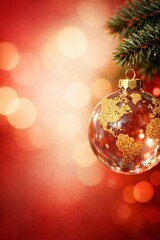 Professional quality glass Christmas ornament showing a gold world map, celebrating global holidays, perfect for commercial projects, corporate greetings